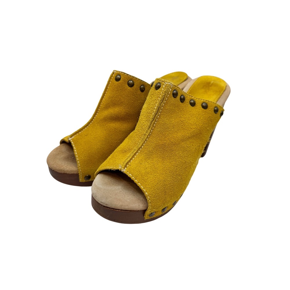 90's Y2K Sbicca Yellow Suede Studded Platform Clogs Peep Toe Block‎ Heel Shoes 7